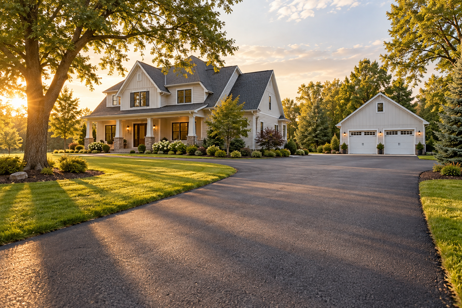 Illustrative residential driveway between a home and detached garage